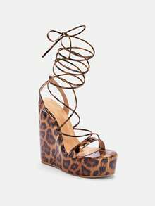 Glitzique Giày sandal đế xuồng cao gót cho nữ, họa tiết da báo, quai phối màu, hở mũi, mũi tròn, gót dày và gót cực cao, thích hợp cho trang phục mùa xuân hè. - Nhiều màu - Xem 8