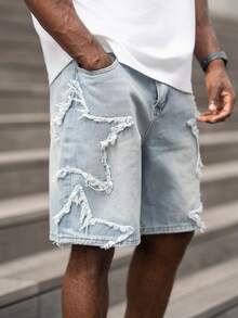 thenoahjr thenoahjr Men's American Hip Hop Street Fashion Star Patch Distressed Loose Wide Leg Pants - Light Wash - View 3