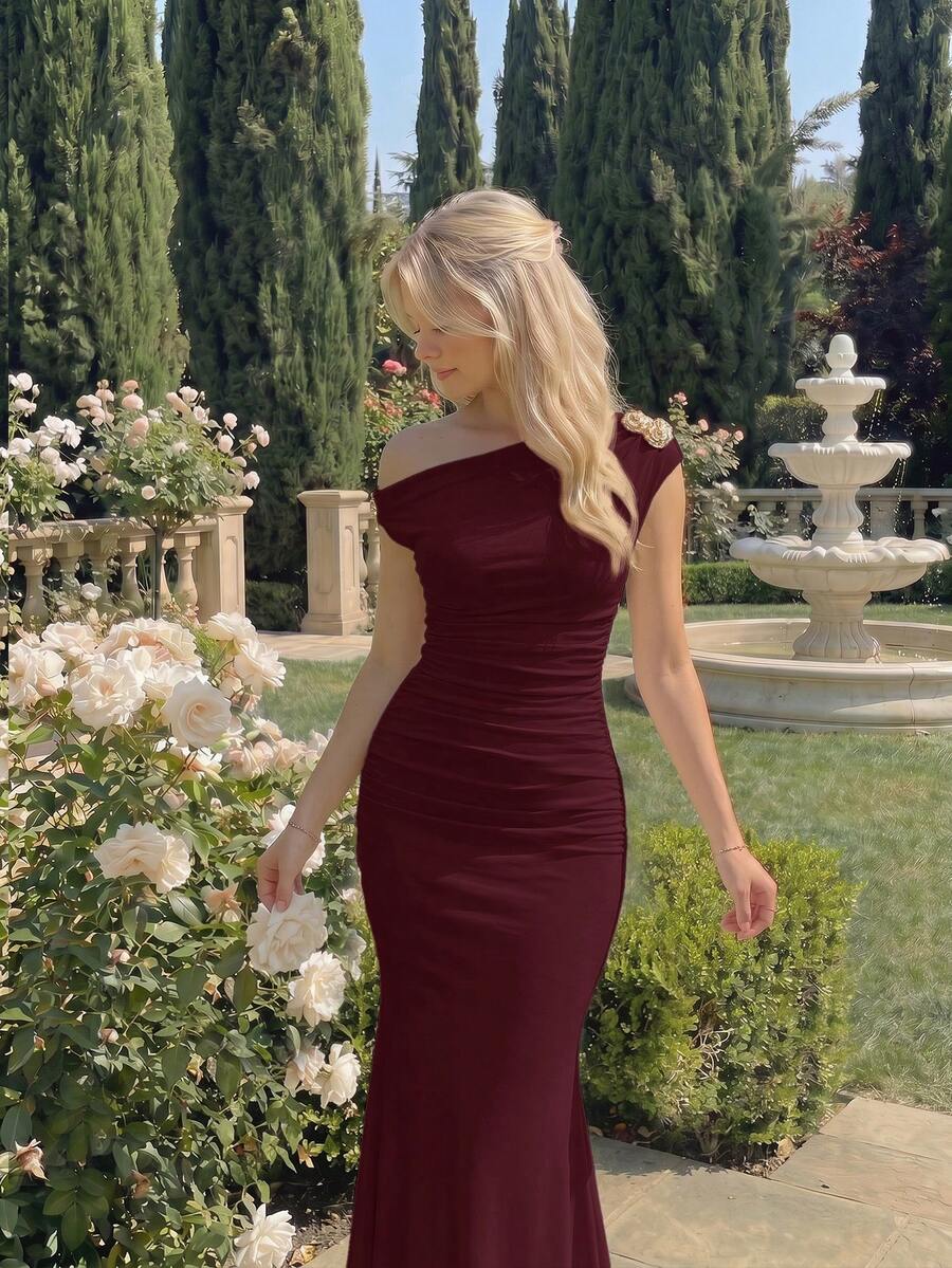 Skyraze Asymmetric One-Shoulder Mid-Length Dress – Elegant Classy Elegant Sexy Single Shoulder Design Formal Burgundy Summer - Burgundy - View 1