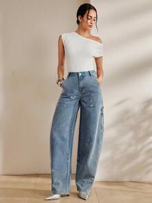 Anewsta Heavy Rhinestone Embellished Washed Light Blue Denim Jeans Going Out Night Club Club Night Night Out Fall Casual 90s Themed 80's Streetwear - Blue - View 4