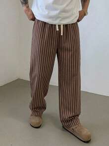 DAZY 男士四季條紋抽繩腰直筒休閒長褲 - 棕色 - 查看 1