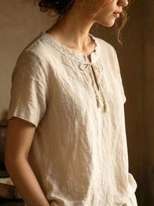 SHEIN Holidaya Women's Summer Short Sleeve Linen Loose Casual Shirt, Vintage Artistic Lace Trim Pullover Round Neck Blouse, Tang Style Zen Versatile Short Sleeve Top - Apricot - View 5