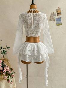 Soleia New Holiday Knit Lace Halter Neck Flare Sleeve Top + Low Waist Multi-Layer Ruffle Skirt 2-Piece Set, Suitable For Holiday, Date, Valentine's Day, Afternoon Tea, Daily Wear, Christmas - White - View 2