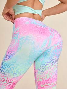 SHEIN Core Rhythm High Waist Ombre Leopard Print Digital Leggings With Phone Pocket, For Sports & Outdoor Exercise, Autumn/Winter - Multicolor - View 5