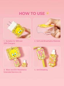 LOONEY TUNES X SHEIN Data Cable Protector, Suitable For IPhone Charger, 4-Piece Set Of Mobile Phone Cable Protectors, Charger Protector (Excluding Data Cable) - Yellow - View 2