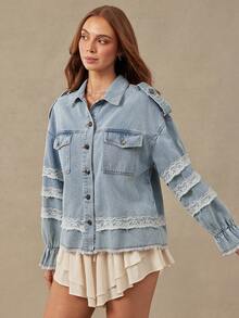 WESTFADE Jaket Longgar Berbahan Renda dan Denim Romantis, Musim Dingin, Musim Gugur, Gaya Koboi Wanita, Tampilan Country Wanita, Kembali ke Sekolah, Gaya Barat, Rodeo, Atasan Lucu - Light Wash - View 4