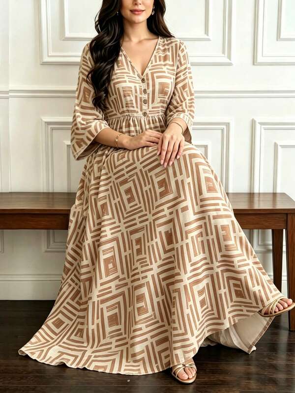 Al Najma Plus Size Women's Loose Long Arabian Dress With 5/8 Flare Sleeves, Digital Print, Fashion V-Neck, Suitable For Banquet And Home Wear