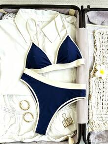 Swim Basics 女款夏季海灘拼色性感時尚比基尼兩件式泳衣套裝 - 藏蓝色 - 查看 4