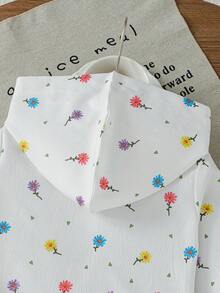 SHEIN Elladie kids 女童新款春夏/秋冬白色多彩花卉圖案紋理布料拉鍊連帽開襟衫，適合日常休閒時尚，可愛優雅且具運動風穿搭 - 白色 - 查看 6