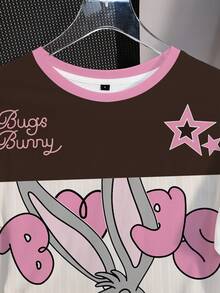 LOONEY TUNES X SHEIN 女款圓領拼色字母卡通印花休閒日常夏季T恤 - 白色 - 查看 3