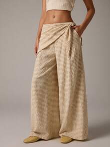 Athîral Women's Plaid Side Waist Tie Wide Leg Loose Casual Long Pants - Apricot - View 6