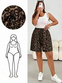 Shapeblank Plus Size Women's Loose Leopard Print Fabric Shorts, Casual Vacation Style, Suitable For Summer - Coffee Brown - View 1