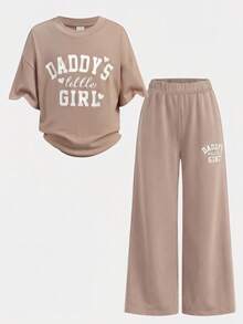 Young Girl Summer Family Matching Casual Letter Print 2-Piece Set, Loose Short Sleeve T-Shirt & Pleated Wide Leg Pants Knit Tracksuit, Khaki Comfortable - Khaki - View 4