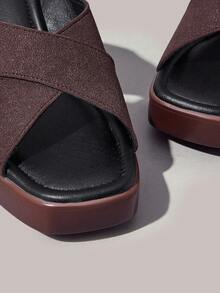 Styleloop Cross-Strap Slip-On Thick-Heeled Sandals, Square Toe Mules Tows, Summer Commuting Versatile Wear Open-Toed High Heels - Coffee Brown - View 4