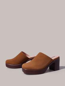 Styleloop Vintage Relaxation Is Full! Suede Closed Toe Mules, Thick Heel Round Toe Can Be Worn For Commuting And Shopping - Brown - View 3