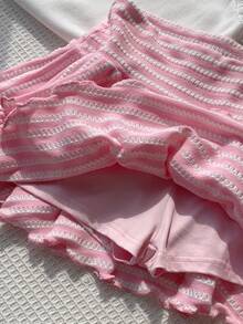 Comfortcana Women's Pink And White Striped Double Layer Ruffle Hem A-Line Short Skirt For Summer Going Out Beach Vacation Cute Y2k - Pink - View 6