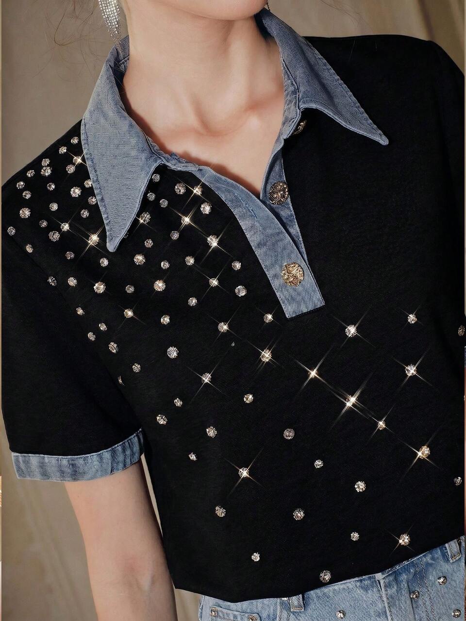 Women's Gray Colorblock Polo Short Sleeve T-Shirt, Slimming Flattering Summer Commute Top With Denim Patchwork