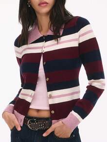 Nöista Striped Knit Cardigan With Collar And Button Front. Fall, Back To School And Everyday Style. - Burgundy - View 3