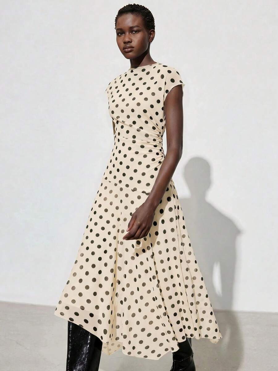 Maija Elegant Black White Polka Dot Summer Raglan Sleeve Dress For Women,Vintage Tea Party Style,Suitable For Wedding Guest,Birthday,Business,Office,Party - Apricot - View 1