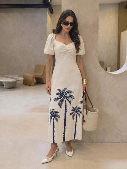 Modelyn Vestido largo casual para mujer con estampado digital de árbol de coco, cuello en V y silueta A