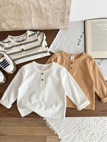 SHEIN LMoss Kids Kids Young Boy 3pcs Knit Solid Color Striped Crew Neck Casual T-Shirt Set - Multicolor - View 3