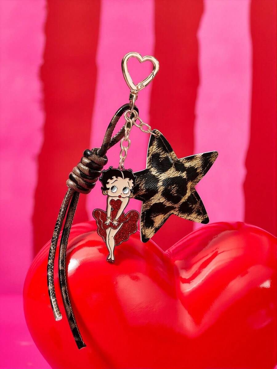 Betty Boop x SHEIN 豹紋五角星形合金包包吊飾,亮面鑰匙圈,適合禮物、錢包、書包、背包、汽車裝飾、節慶 - 混色 - 查看 1