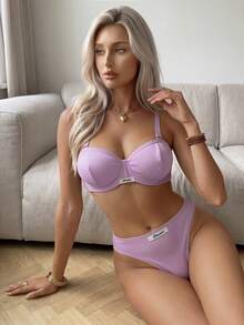 SuitURBody 两件套钢圈半罩杯提拉聚拢简约舒适高弹高支撑女士文胸套装 - 紫色 - View 5