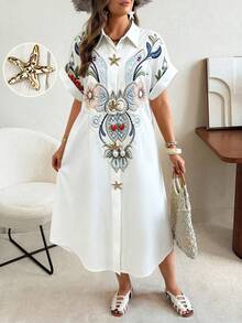 Ceyna 女款大尺碼休閒仿刺繡印花襯衫領金屬海星胸針可拆卸大尺碼襯衫洋裝大尺碼休閒洋裝女款大尺碼新風格派對聚會夜晚約會時尚單品百搭短袖中長襯衫洋裝 - 白色 - 查看 3