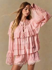 Willow Rêve Women's Pink Lace Trim Chiffon Ruffle Blouse, Romantic Vacation Style, Boho Style, Valentine's Day - Pink - View 3