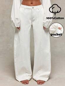 Normani Women's White Jeans With Pockets, Low-Rise Curved-Leg Style, Comfortable 100% Cotton, Straight-Leg Summer Trousers-A Classic, Casual Denim Look. - Beige - View 2