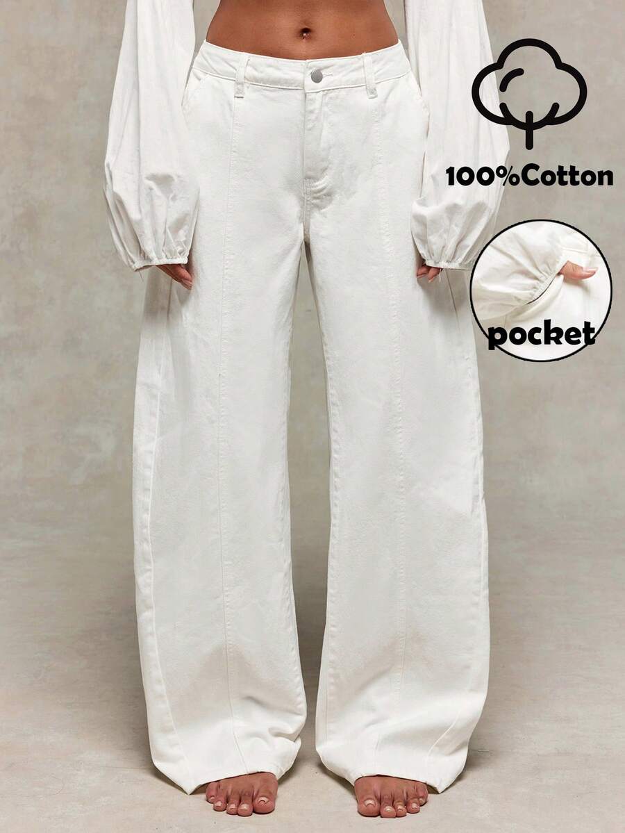 Normani Women's White Jeans With Pockets, Low-Rise Curved-Leg Style, Comfortable 100% Cotton, Straight-Leg Summer Trousers-A Classic, Casual Denim Look.