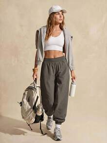Exploreva Pantalones casuales de mujer de unicolor con cordón para exteriores - Gris - Ver 10