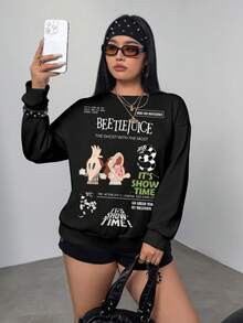Beetlejuice X SHEIN Sweatshirt Kasual Lengan Panjang Leher Bulat Motif Kartun Slogan untuk Wanita Ukuran Besar, Cocok untuk Musim Gugur. - Putih - View 7