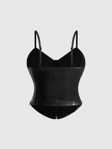 ROMWE Grunge Punk Sexy Dark Punk Studded Patchwork Women's PU Plus Size Camisole Top - Black - View 2