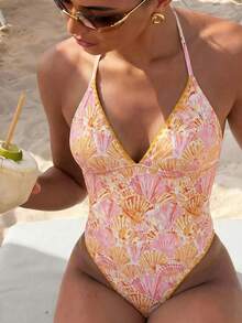 Swim Vcay 26SS Primavera/Verano Vacaciones Playa Floral Amarillo Color de Contraste Borde Diente de Perro Cuello Halter Una Pieza - Multicolor - Ver 2