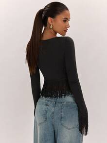 SHEIN BAE Top corto sexy de moda para mujer estilo francés con flecos en el bajo - Negro - Ver 2