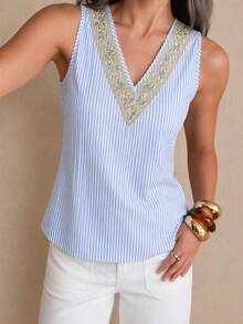 Selenza Summer V-Neck Loose Floral Trim Striped Women's Camisole - Blue and White - View 1