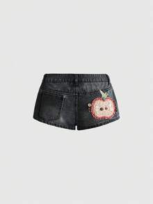 ROMWE Kawaii 復古可愛田園風格紋蘋果鈕扣刺繡超低腰迷你牛仔短褲 - 黑色 - 查看 3