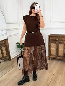 Easowa Curve Plus Size Women Solid Color Contrast Lace Hem Elegant Normal Sleeveless Dress Tea Party Formal Birthday Brown Summer - Brown - View 8
