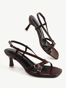 CUCCOO CHICEST French Premium Brown Square Toe Button High Heel Sandals, Commuter Dating Versatile Open Toe Slingback Sandals - Brown - View 4