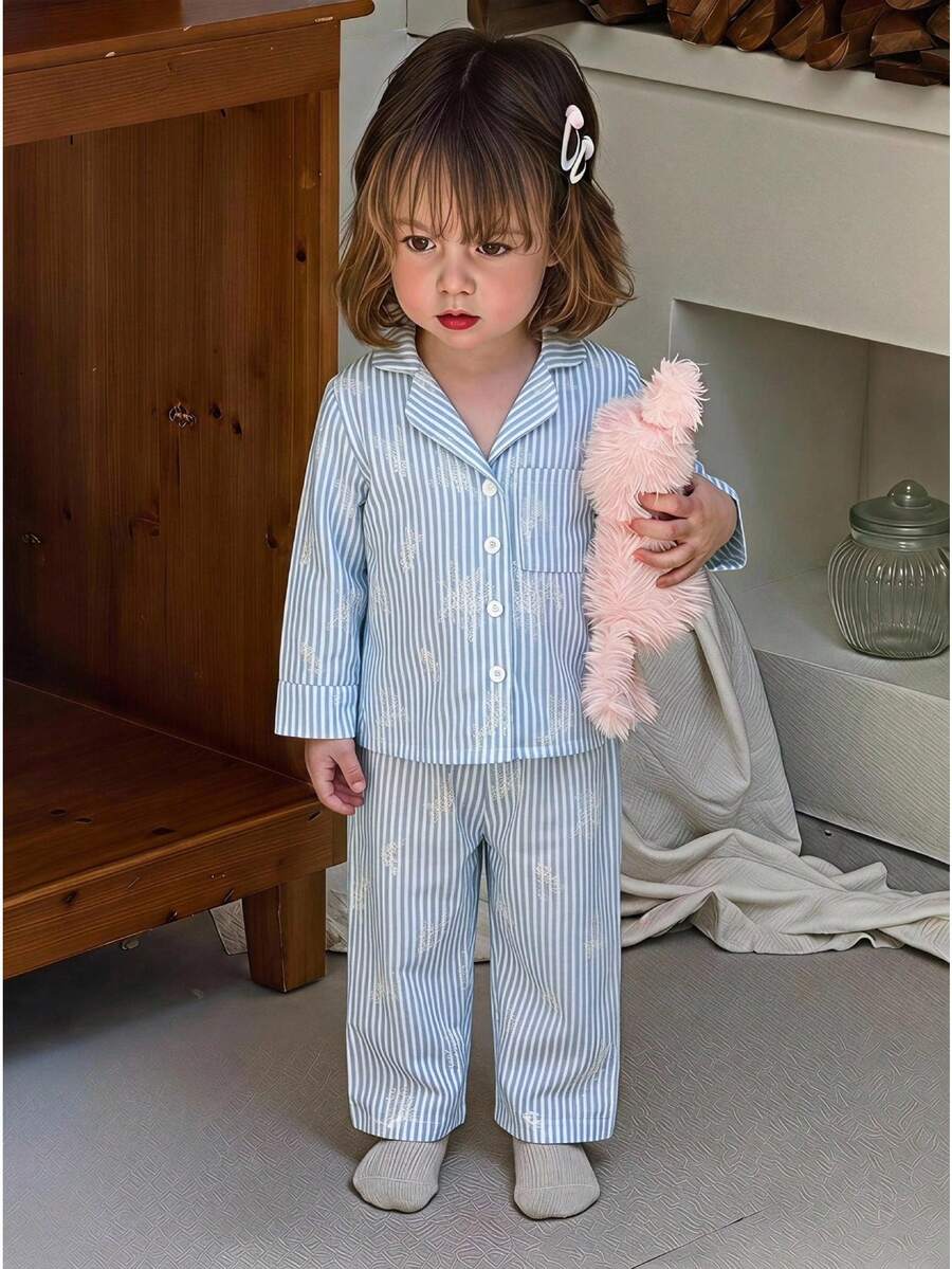 SHEIN 女嬰幼兒新生兒 0-3 歲秋冬四季時尚條紋蝴蝶結長袖上衣套裝 - 藍色 - 查看 1