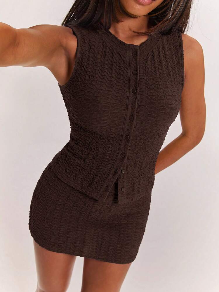 SHEIN BAE 女款純色單排扣背心與緊身裙休閒套裝 - 棕色 - 查看 1