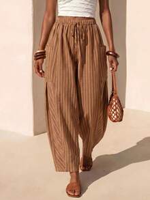Zivah Women's Summer Brown Striped Boho Vacation Holiday Linen Fabric Loose Harem Lantern Long Pant With Side Pockets,Casual Nomadic Beach Party Outfits - Rust Brown - View 2