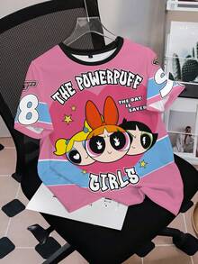 THE POWERPUFF GIRLS X SHEIN Women's Letter Cartoon Print Short Sleeve Casual T-Shirt - White - View 1
