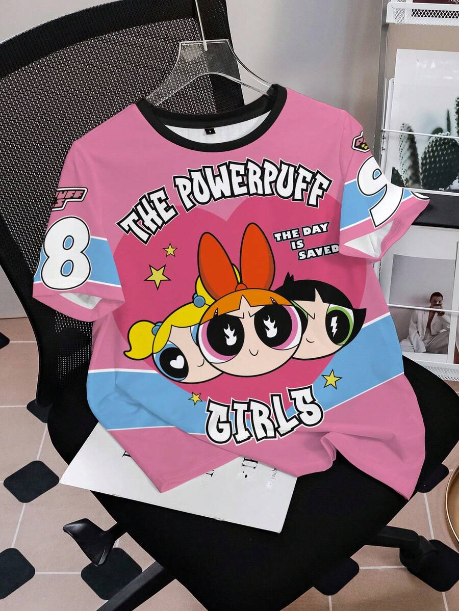 THE POWERPUFF GIRLS X SHEIN Women's Letter Cartoon Print Short Sleeve Casual T-Shirt - White - View 1