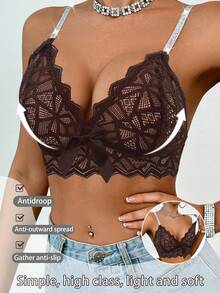 SHEIN Elacene 1pc Women's Lace Wire-Free Bra - Coffee Brown - View 5