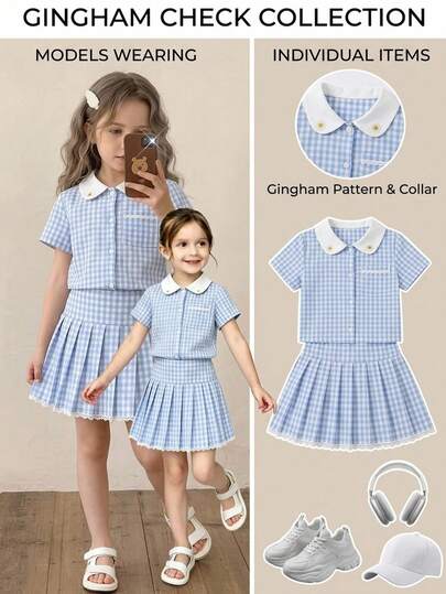 Casuvi Kids Young Girl Plaid Single-Breasted Short Sleeve Shirt And Pleated Mini Skirt Casual Daily Set