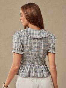 WESTFADE Ruffle Collared Button Front Short Puff Sleeve Plaid Smocked Top, Cute Tops, Western, Female Country Look, Cowgirl, Rodeo, Fall, Summer, School - Blue - View 2
