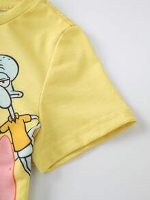 SpongeBob SquarePants | SHEIN Baby Boy Cartoon Print Crew Neck T-Shirt And Long Pants Set - Yellow - View 4