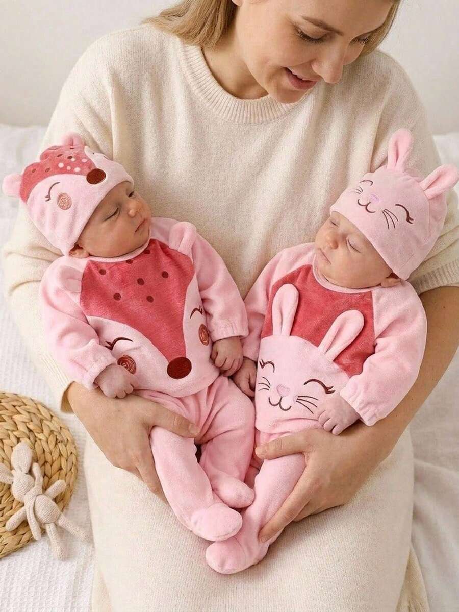 SHEIN Newborn Long Sleeve Footed Romper, Double-Sided Flannel Orange Red Cute Fox Design, Comfortable Soft Home Wear, Best Gift For Newborn, Versatile Fashionable, Best Choice - Multicolor - View 1